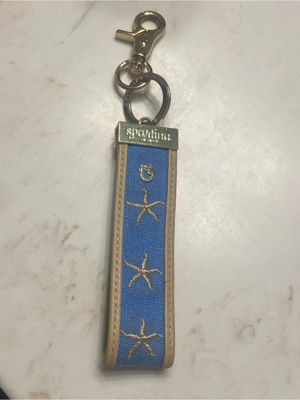 Spartina 449 Linen Blue and Gold Starfish Genuine Leather Banded Keychain